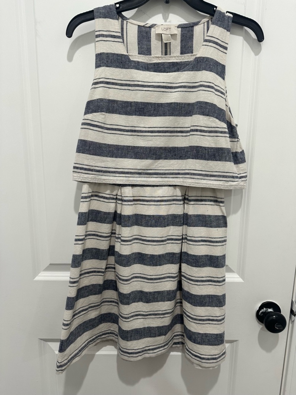 LOFT Linen Cotton Blend Navy and Cream Striped Sleeveless Mini Dress